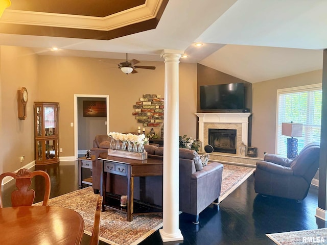 5024 Rosebud Rd, Metropolis, IL 62960 - living area with decorative columns, wood finished floors, ceiling fan, a premium fireplace, and ornamental molding
