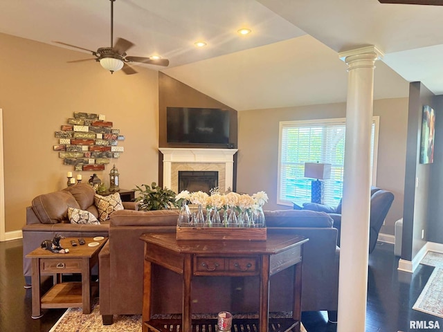 5024 Rosebud Rd, Metropolis, IL 62960 - living room featuring a ceiling fan, wood finished floors, a fireplace, recessed lighting, and lofted ceiling