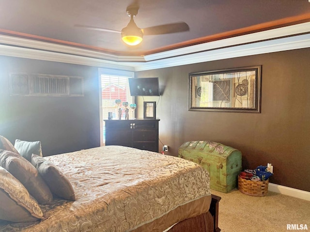 5024 Rosebud Rd, Metropolis, IL 62960 - bedroom featuring crown molding, carpet, a raised ceiling, and a ceiling fan