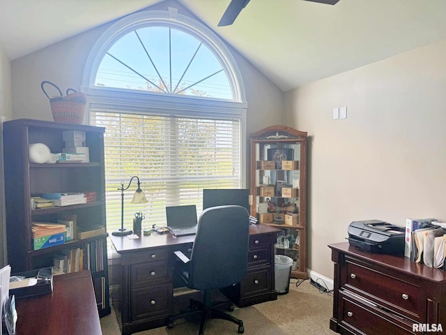5024 Rosebud Rd, Metropolis, IL 62960 - office area featuring lofted ceiling, light colored carpet, and ceiling fan