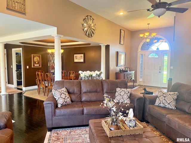 5024 Rosebud Rd, Metropolis, IL 62960 - living room featuring ornate columns, ceiling fan, wood finished floors, a chandelier, and recessed lighting