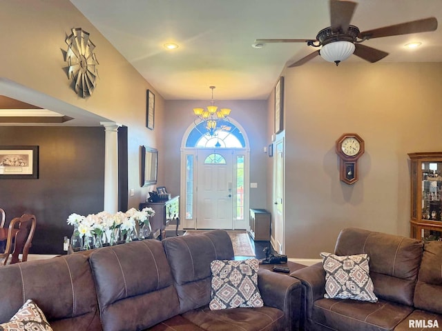 5024 Rosebud Rd, Metropolis, IL 62960 - living room featuring a ceiling fan, a chandelier, ornate columns, and recessed lighting
