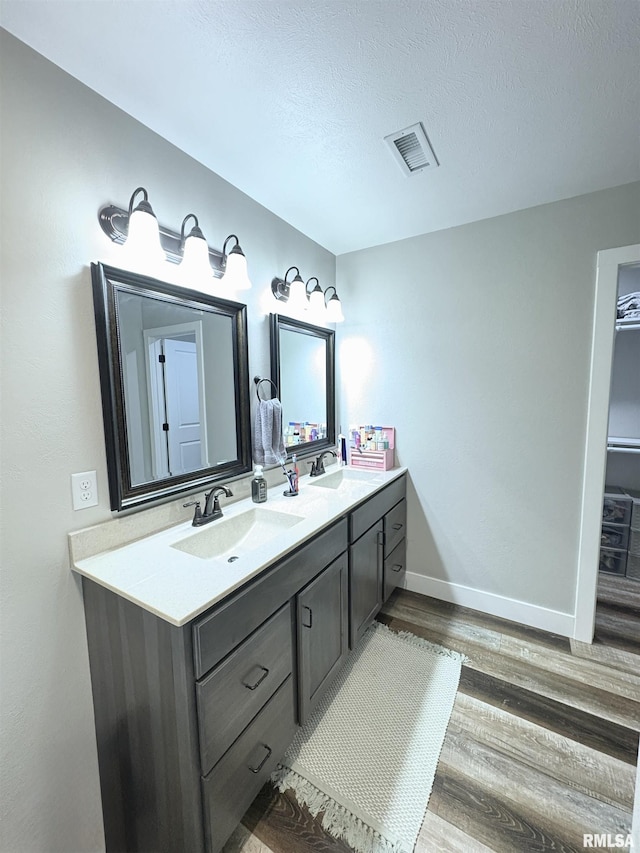 408 Madison St, Cambria, IL 62915 - full bathroom featuring wood finished floors, double vanity, and a textured ceiling