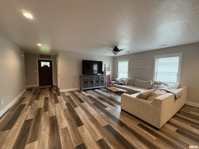 408 Madison St, Cambria, IL 62915 - living area with dark wood-type flooring, ceiling fan, and recessed lighting
