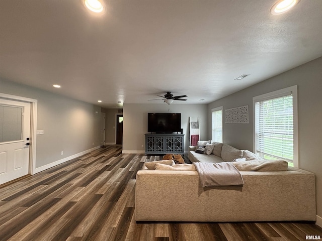408 Madison St, Cambria, IL 62915 - living room featuring dark wood finished floors, ceiling fan, and recessed lighting