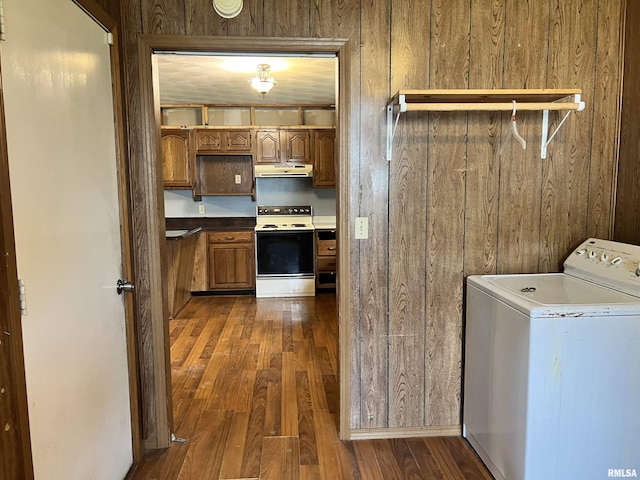 20 Suburban Dr, Murphysboro, IL 62966 - laundry area featuring washer / dryer, dark wood-style floors, and wood walls