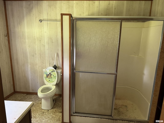 9004 Old State Route 14th Rte, Duquoin, IL 62832 - bathroom with a stall shower, wooden walls, and vanity