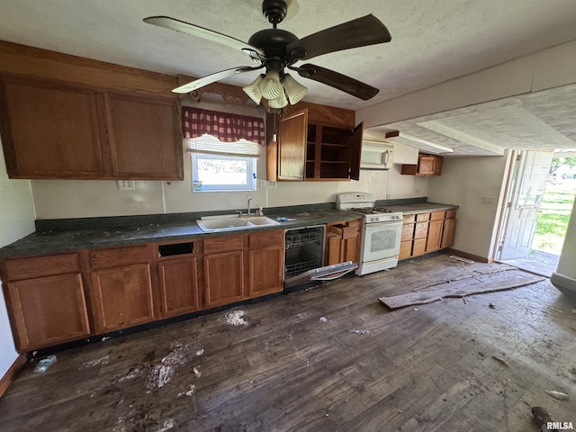 9004 Old State Route 14th Rte, Duquoin, IL 62832 - kitchen featuring white gas range, dark countertops, wine cooler, brown cabinets, and dark wood-style flooring