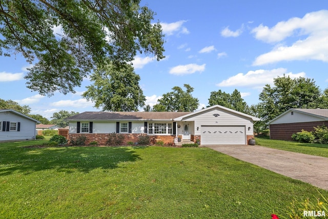 10 Monroe Ave, Salem, IL 62881 - single story home featuring a garage, concrete driveway, a front lawn, and brick siding
