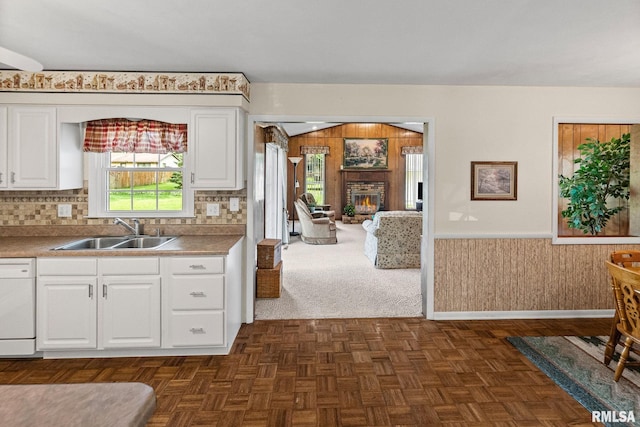 10 Monroe Ave, Salem, IL 62881 - kitchen with dishwasher, white cabinetry, a fireplace, wood walls, and wainscoting