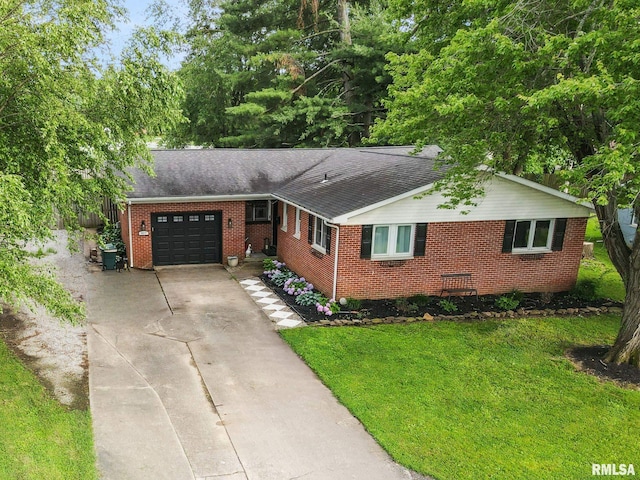 809 Dogwood Ln, Marion, IL 62959 - ranch-style house with an attached garage, brick siding, driveway, a front yard, and roof with shingles