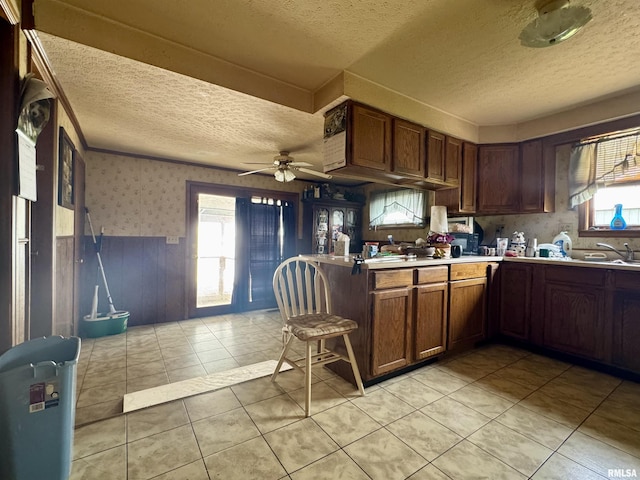 606 N Orchard St, West Frankfort, IL 62896 - kitchen featuring a textured ceiling, healthy amount of natural light, wainscoting, a ceiling fan, and wallpapered walls