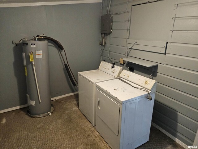2508 Forest Ave, Mount Vernon, IL 62864 - laundry area with water heater, washing machine and clothes dryer, dark colored carpet, and electric panel