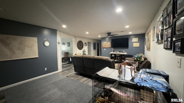 506 S Kentucky St, Benton, IL 62812 - living room featuring recessed lighting, a ceiling fan, and wood finished floors