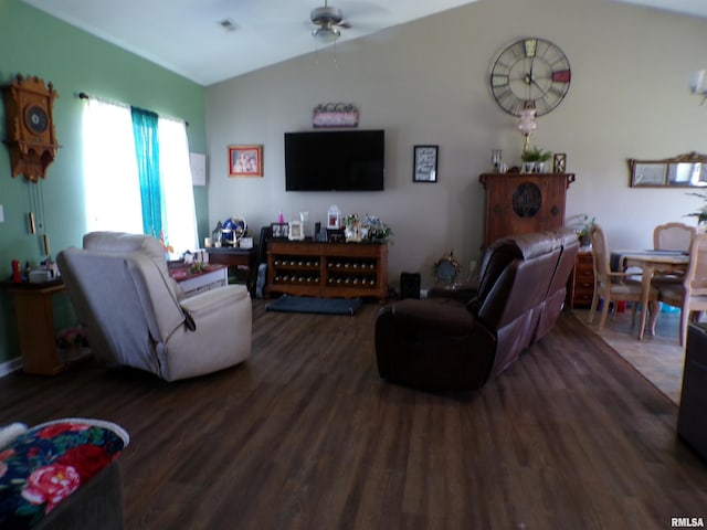 1821 Mark Dr, Sparta, IL 62286 - living area featuring vaulted ceiling, ceiling fan, and dark wood finished floors