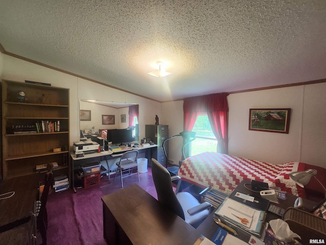 8747 Old State Route 14th Rte, Duquoin, IL 62832 - bedroom featuring a textured ceiling, ornamental molding, a desk, lofted ceiling, and carpet floors