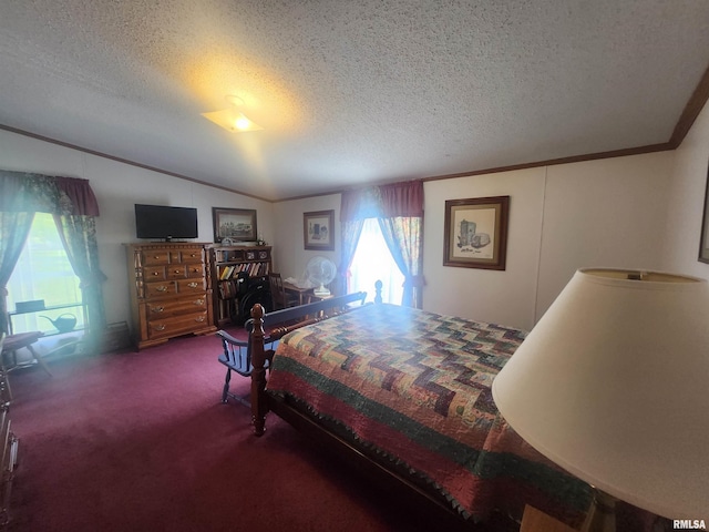 8747 Old State Route 14th Rte, Duquoin, IL 62832 - bedroom featuring a textured ceiling, crown molding, carpet flooring, and vaulted ceiling