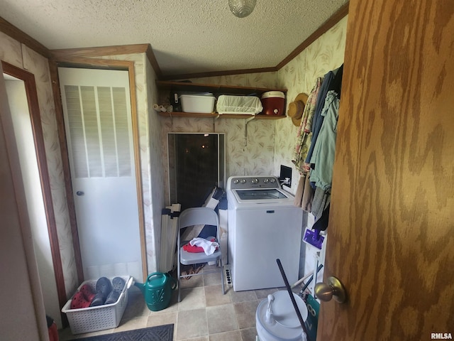 8747 Old State Route 14th Rte, Duquoin, IL 62832 - laundry area with washer / dryer, a textured ceiling, a heating unit, crown molding, and wallpapered walls
