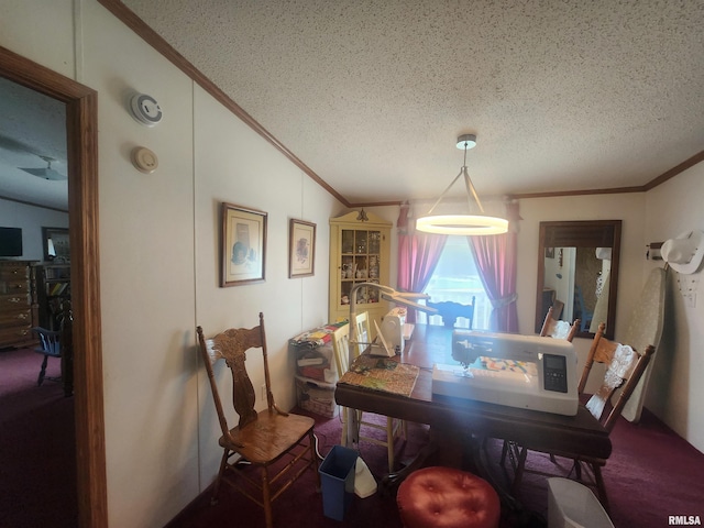 8747 Old State Route 14th Rte, Duquoin, IL 62832 - carpeted dining space with ornamental molding, a textured ceiling, and lofted ceiling