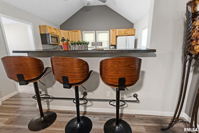 416 S Maple St, Salem, IL 62881 - kitchen with light brown cabinetry, freestanding refrigerator, stainless steel microwave, lofted ceiling, and dark countertops