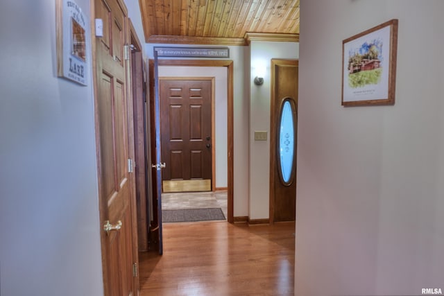 12299 Pebble Point Rd, Marion, IL 62959 - hallway with wood finished floors, crown molding, and wooden ceiling