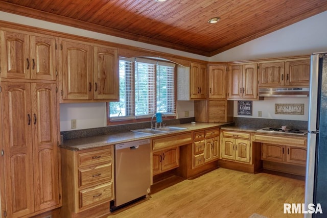 12299 Pebble Point Rd, Marion, IL 62959 - kitchen featuring appliances with stainless steel finishes, crown molding, wooden ceiling, under cabinet range hood, and lofted ceiling