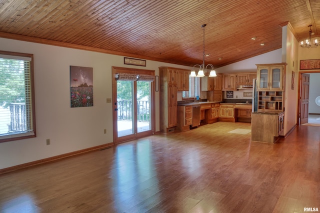 12299 Pebble Point Rd, Marion, IL 62959 - kitchen with a chandelier, stainless steel dishwasher, wood ceiling, light wood-type flooring, and pendant lighting