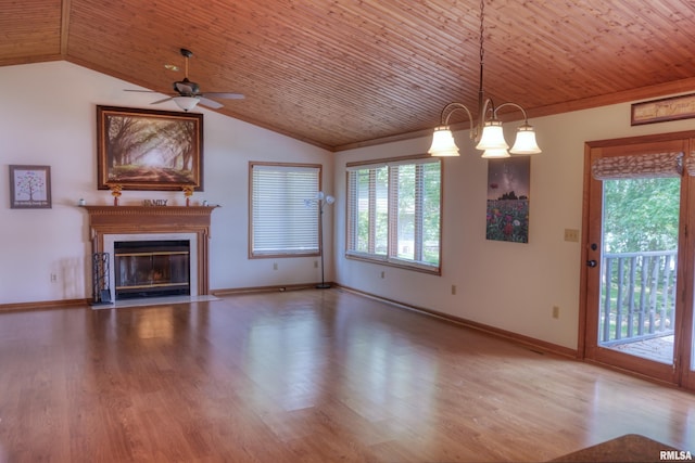 12299 Pebble Point Rd, Marion, IL 62959 - unfurnished living room with wooden ceiling, a ceiling fan, wood finished floors, lofted ceiling, and a fireplace with flush hearth