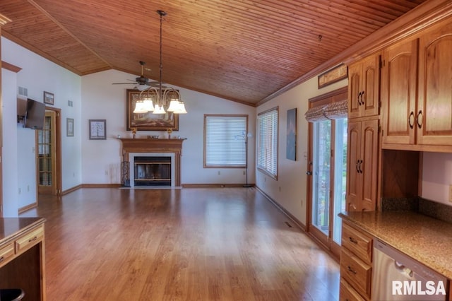 12299 Pebble Point Rd, Marion, IL 62959 - unfurnished living room with wooden ceiling, light wood finished floors, a fireplace with flush hearth, lofted ceiling, and ceiling fan