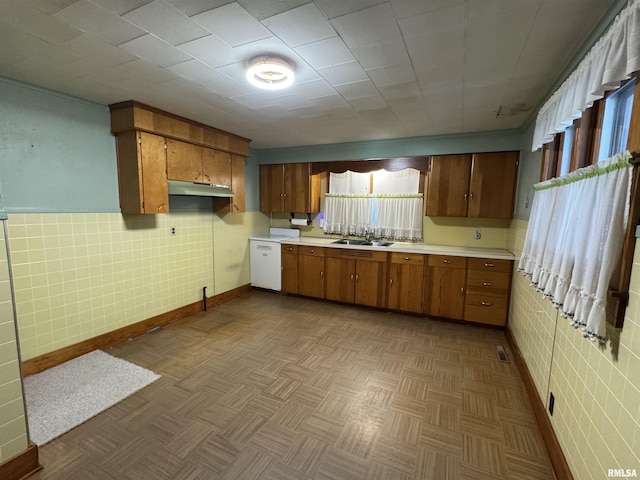 1607 W Cherry St, Marion, IL 62959 - kitchen with light countertops, brown cabinets, and under cabinet range hood