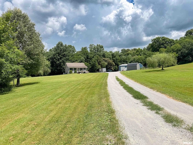 339 Spring St, Dongola, IL 62926 - view of grassy yard with driveway, an outdoor structure, a detached garage, a pole building, and a wooded view