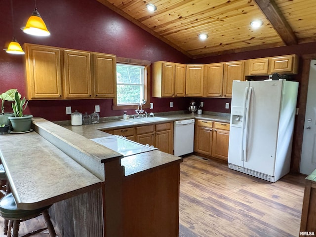 339 Spring St, Dongola, IL 62926 - kitchen featuring white appliances, a peninsula, wooden ceiling, light wood-style flooring, and pendant lighting
