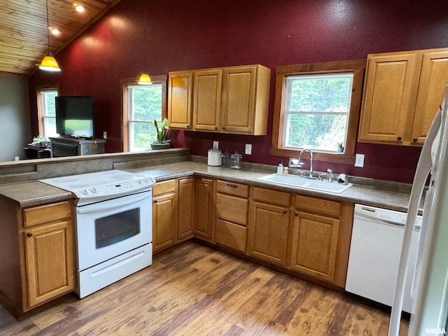 339 Spring St, Dongola, IL 62926 - kitchen with white appliances, a peninsula, wood ceiling, high vaulted ceiling, and light wood-style flooring