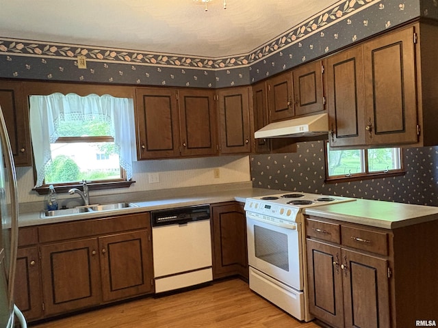 822 N 24th St, Murphysboro, IL 62966 - kitchen featuring white appliances, under cabinet range hood, plenty of natural light, and light wood finished floors
