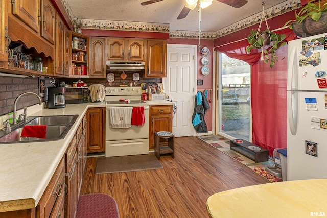 402 S Clay St, Sesser, IL 62884 - kitchen with white appliances, under cabinet range hood, light countertops, dark wood-type flooring, and brown cabinets