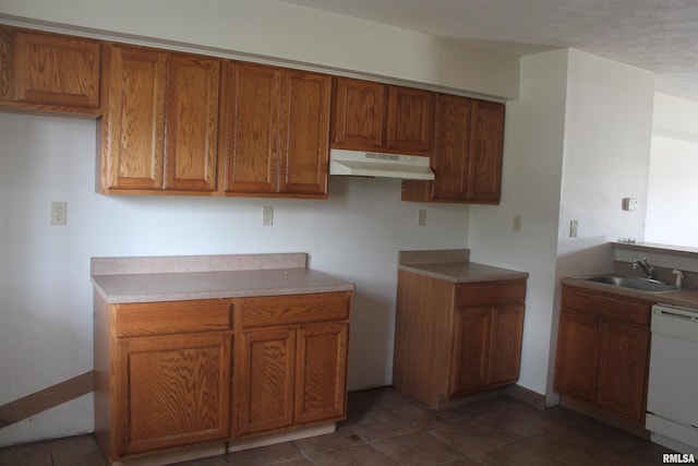 402-408 Hester St Unit 14, Carbondale, IL 62901 - kitchen featuring under cabinet range hood, dishwasher, brown cabinets, and dark tile patterned flooring