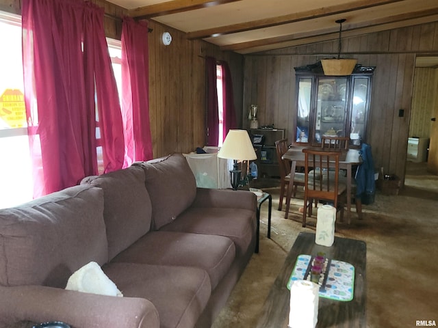 1060 W 5th St, Flora, IL 62839 - carpeted living area with wooden walls and beam ceiling