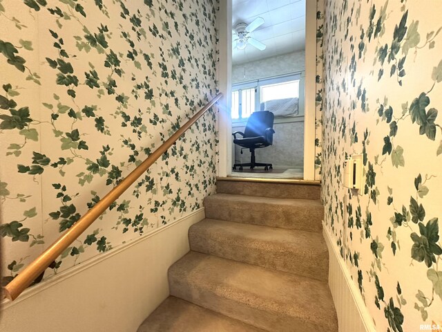 321 S Maple St, Centralia, IL 62801 - stairs with wallpapered walls and a ceiling fan