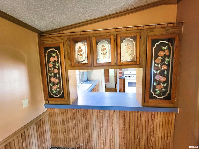 235 W 8th St, Flora, IL 62839 - detailed view of crown molding, white gas stove, and a textured ceiling