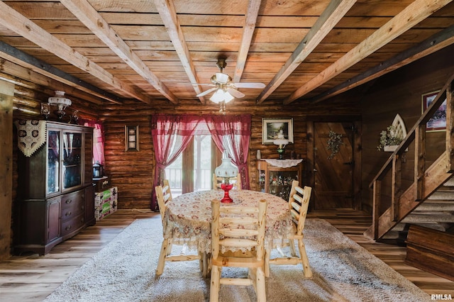 690 Ganntown Ln, Grantsburg, IL 62943 - dining area with a wooden ceiling with exposed beams, ceiling fan, wood finished floors, log walls, and stairs
