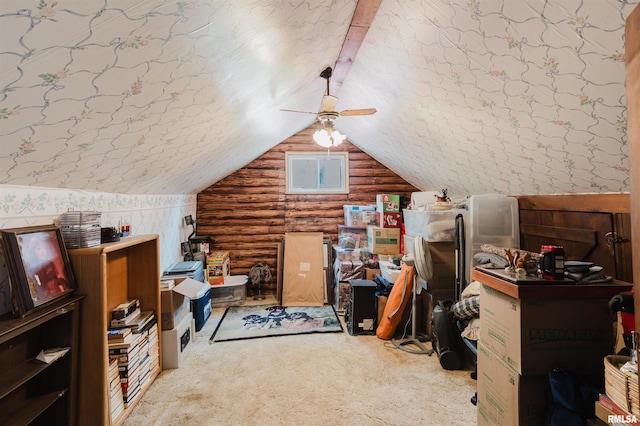 690 Ganntown Ln, Grantsburg, IL 62943 - home office featuring log walls, wallpapered walls, ceiling fan, carpet, and lofted ceiling