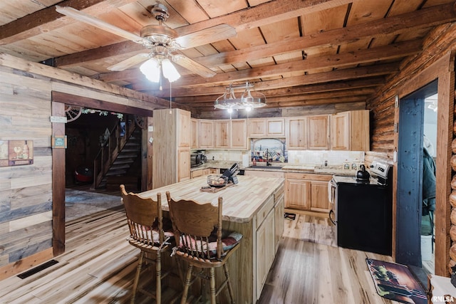 690 Ganntown Ln, Grantsburg, IL 62943 - kitchen with stainless steel range with electric cooktop, a wood ceiling with exposed beams, light brown cabinets, light wood-style floors, and butcher block counters