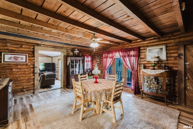 690 Ganntown Ln, Grantsburg, IL 62943 - dining area featuring hardwood / wood-style flooring, a wood ceiling with exposed beams, ceiling fan, and rustic walls