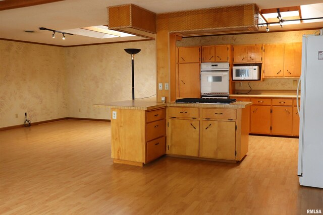 3100 Ava Rd, Murphysboro, IL 62994 - kitchen with white appliances, light wood finished floors, light countertops, rail lighting, and wallpapered walls