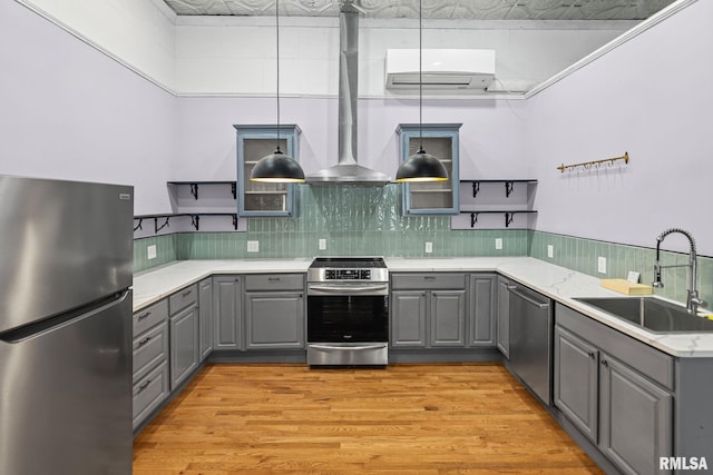 6 S Division St, Duquoin, IL 62832 - kitchen featuring stainless steel appliances, gray cabinets, open shelves, an AC wall unit, and an ornate ceiling