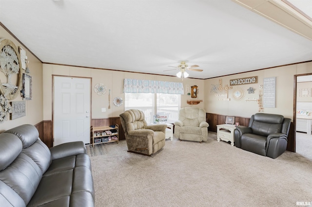 11149 Crenshaw Rd, Marion, IL 62922 - living area featuring carpet floors, wainscoting, ceiling fan, ornamental molding, and wooden walls