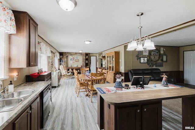 11149 Crenshaw Rd, Marion, IL 62922 - kitchen with dishwasher, light wood-style flooring, open floor plan, hanging light fixtures, and dark brown cabinets