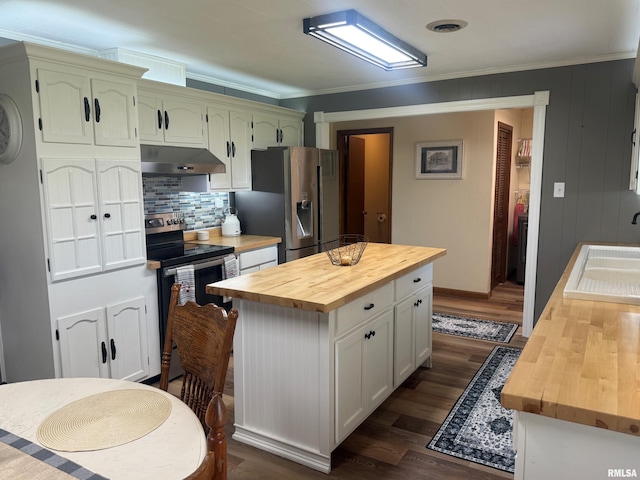 4139 Altenberger Rd, Metropolis, IL 62960 - kitchen with butcher block counters, appliances with stainless steel finishes, under cabinet range hood, dark wood-style floors, and decorative backsplash