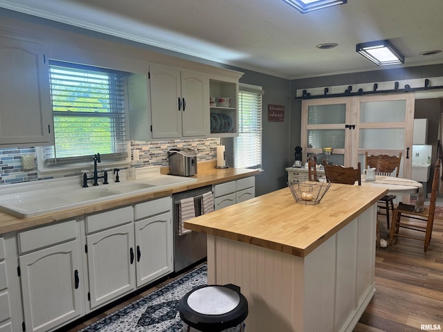 4139 Altenberger Rd, Metropolis, IL 62960 - kitchen with wood counters, decorative backsplash, dark wood-style flooring, open shelves, and ornamental molding