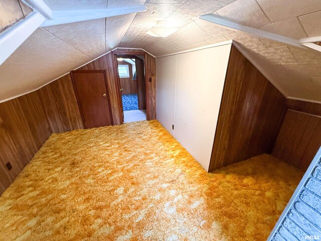 202 Flora Ave, Flora, IL 62839 - additional living space featuring wood walls, lofted ceiling, and carpet flooring